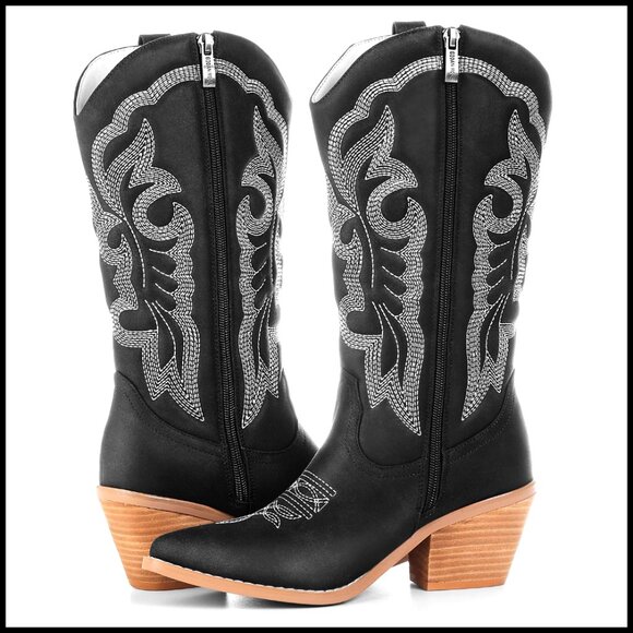 Shoes - Women's Embroidered Cowboy Boots, Pointed Toe Chunky Heel Mid-Calf Western